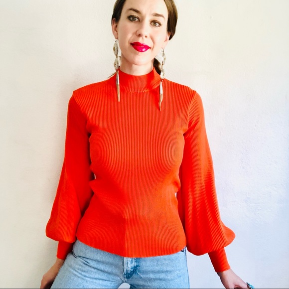 🔥SOLD🔥60s VTG Bright Orange Rib Knit Puff Long Sleeve Mock Turtleneck Shirt - Picture 5 of 8